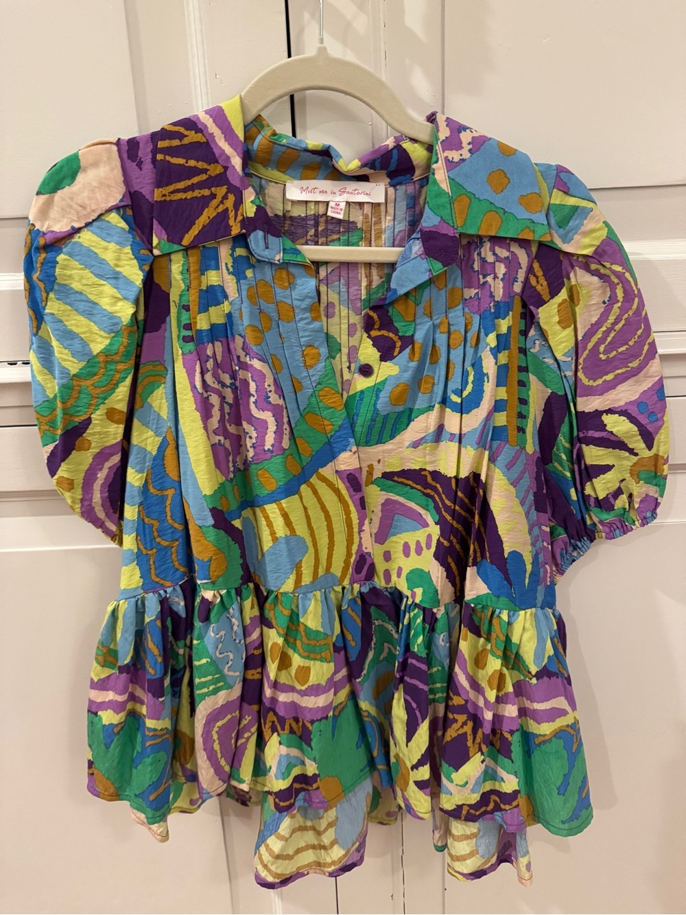 Colorful Abstract Print Peplum Tunic - Purple & Green